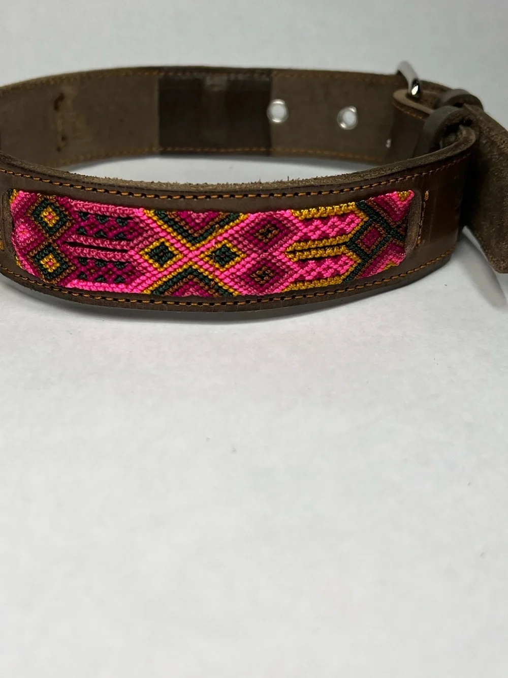 Real Leather Dog Collar with Pink Beaded handmade in Mexico.